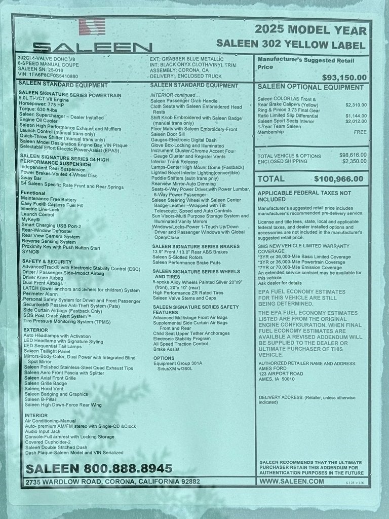 2025 Ford Mustang Saleen Yellow Label
